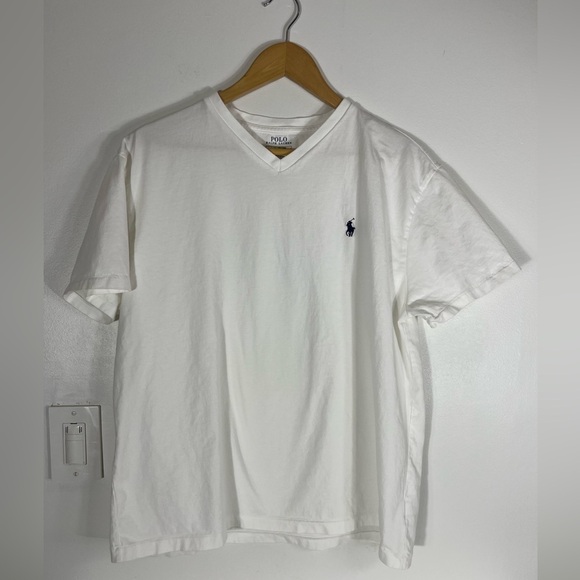 Polo by Ralph Lauren Mens Size Large White V-Neck Short Sleeve T-Shirt Navy Pony - Picture 1 of 9